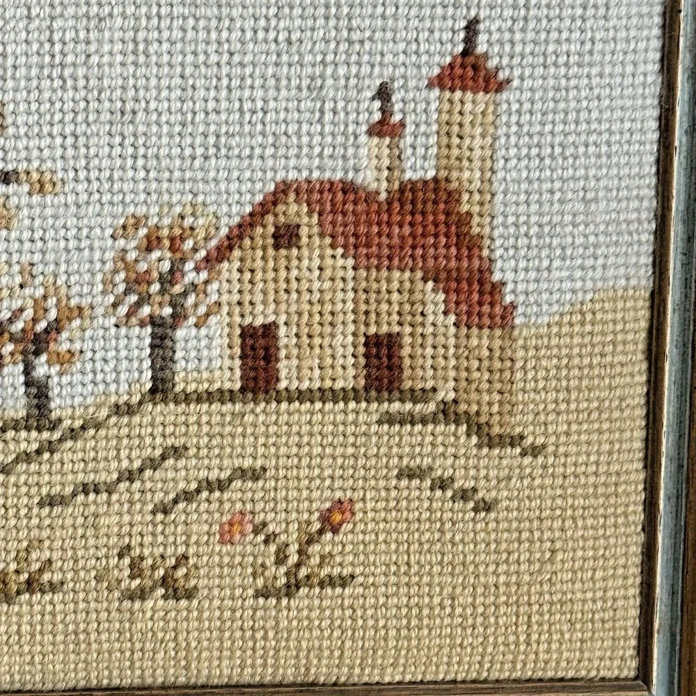Vintage Framed‎ Needlepoint European Village Scene | French Country Cottage Wall